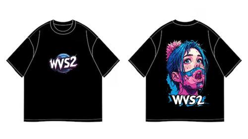 Black t-shirt with a graphic design and 'WVS2' text on a white background